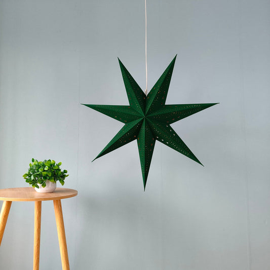 Flocked 7-Point Star Lantern – Green, 29 Inch for Home Decor