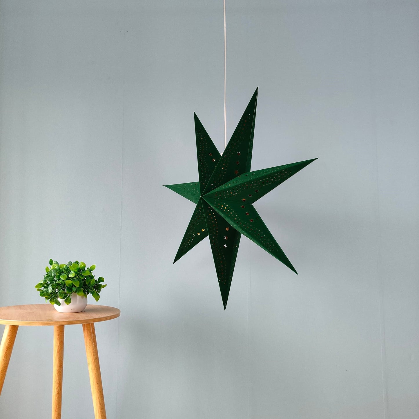 Flocked 7-Point Star Lantern – Green, 29 Inch for Home Decor