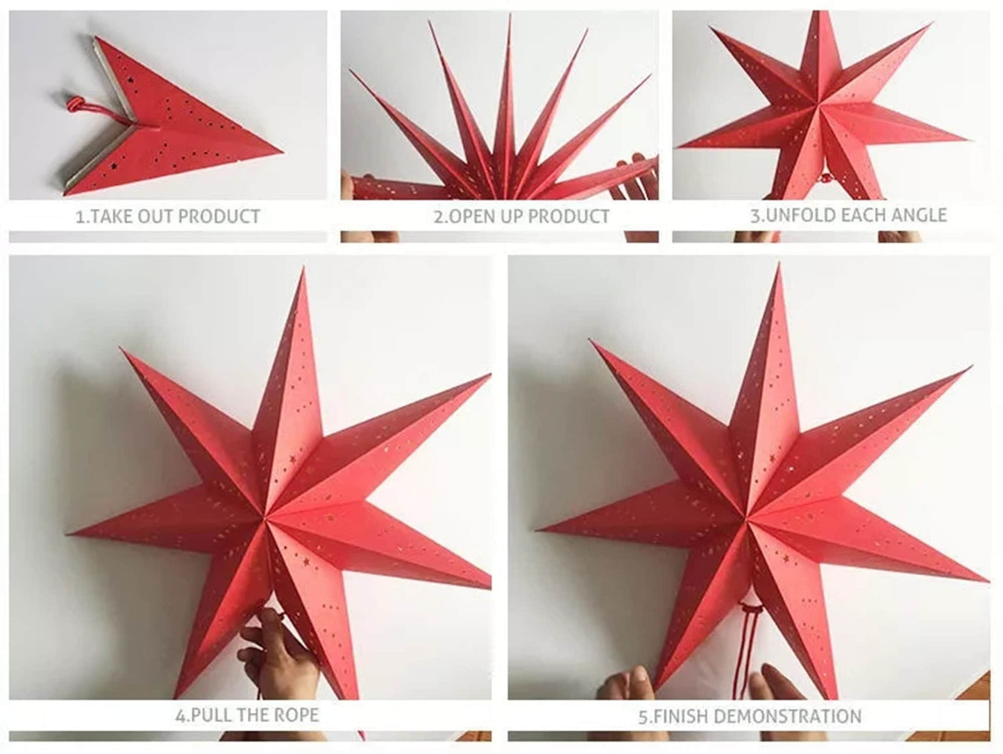 23" Five Paper Star Lantern, White Hanging Star Lights, Paper Pendant Lampshade
