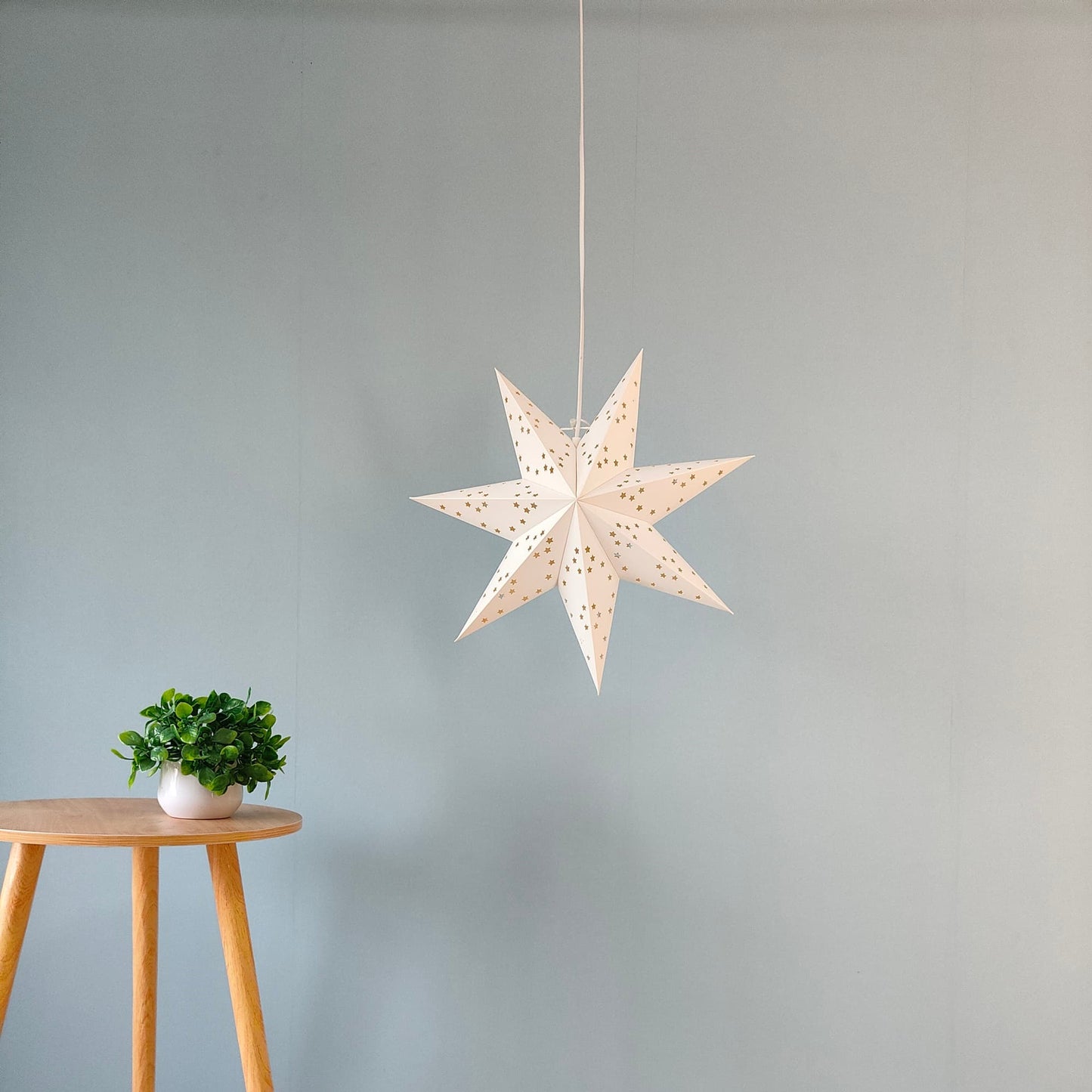 Hanging White paper star lantern front view, 17 inch handmade decoration