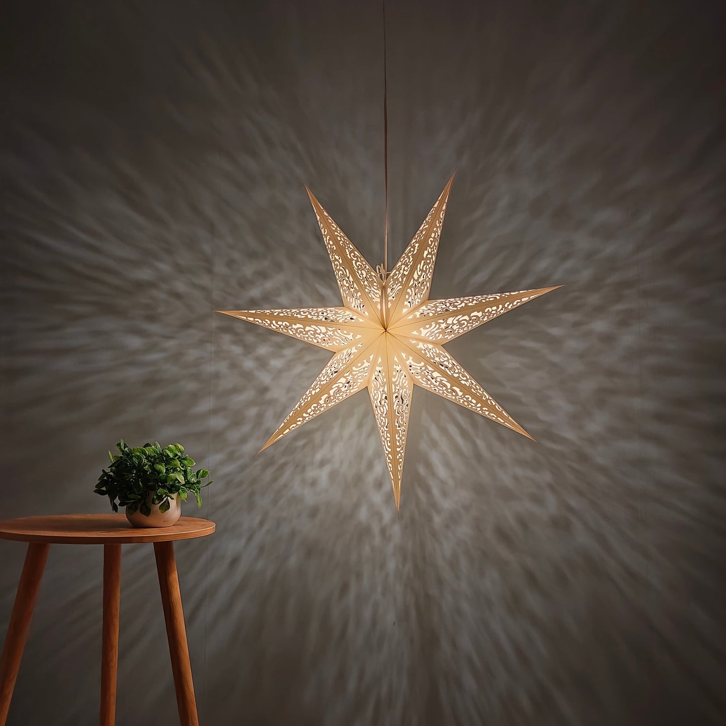 Close-up detail of 17 inch white paper star lamps design