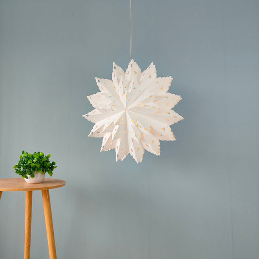 Side view of 22 inch white snowflake paper lamps for home decor