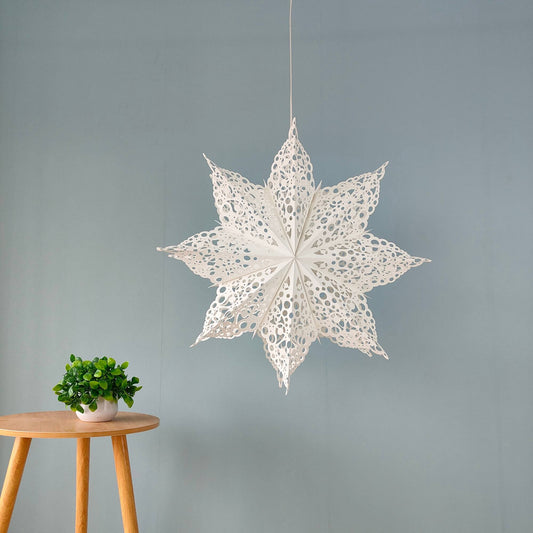 White paper snowflake lantern front view, 26 inch handmade decoration