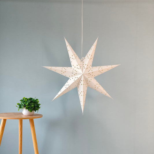 White hanging paper star lantern front view, 29 inch handmade decoration
