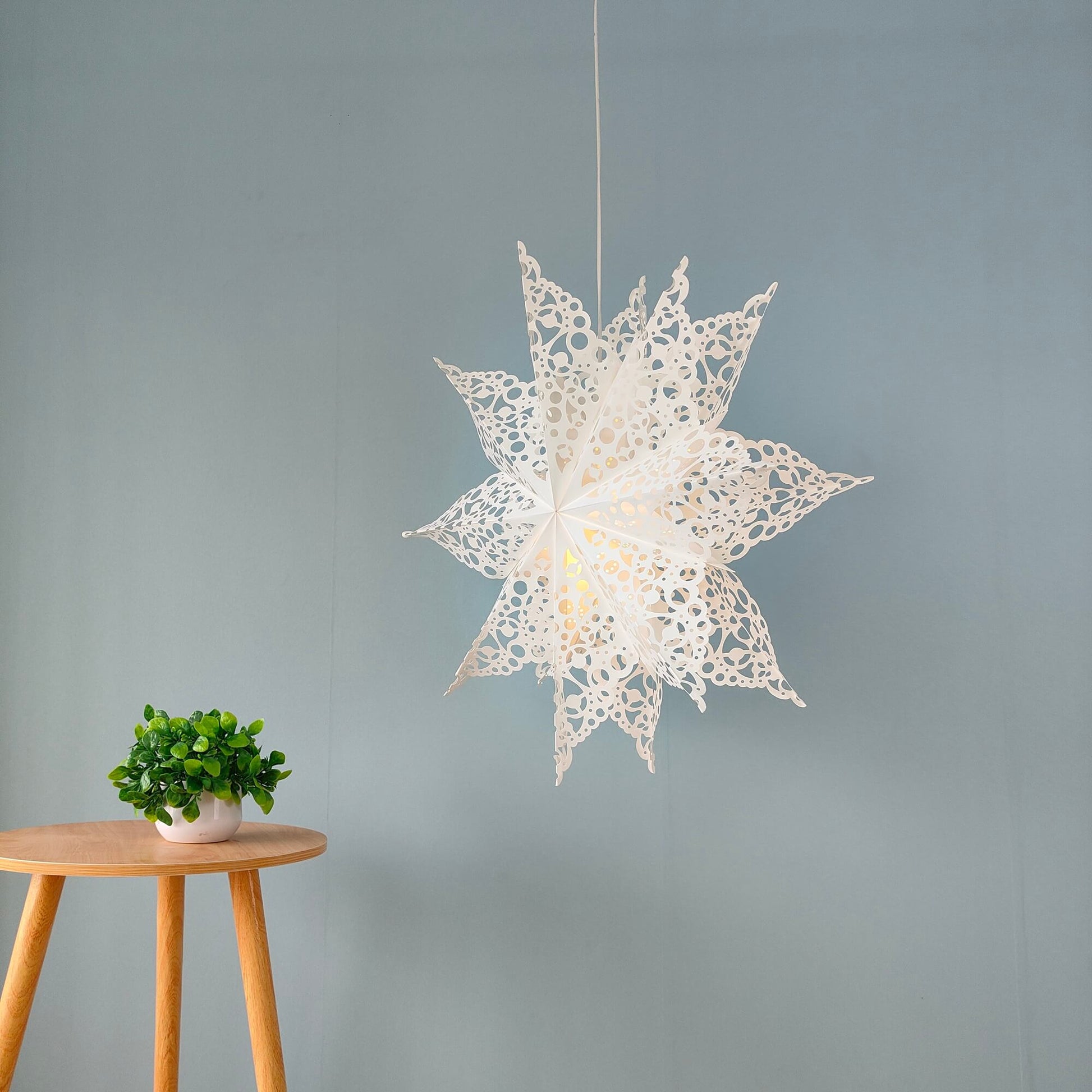 Side view of 26inch white paper snowflake lantern for home decor